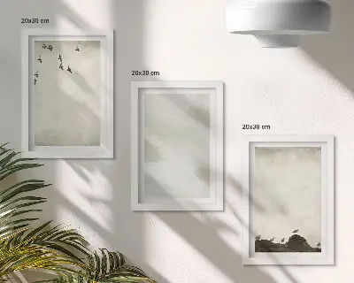 Komplet 3 slik v okvirju minimalistične dekoracije s pticami, kamni in potezami čopiča