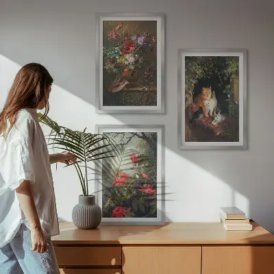 Komplet 3 slik v okvirju starinski motivi rož mačk in narave