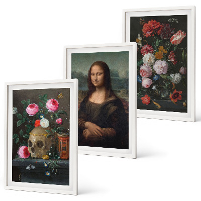 Set 3 slik v okvirju Portret lobanje z rožami Mona Liza