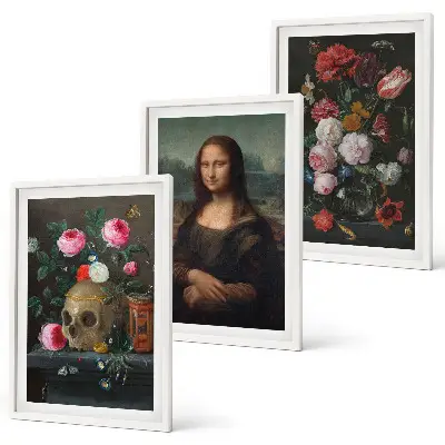 Komplet 3 slik v okvirju portret lobanje z rožami v slogu Mona Lize