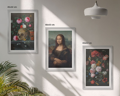 Set 3 slik v okvirju Portret lobanje z rožami Mona Liza
