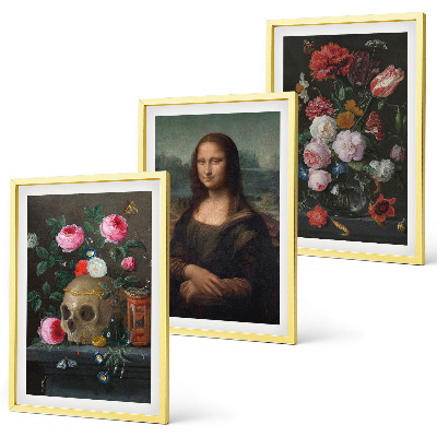 Set 3 slik v okvirju Portret lobanje z rožami Mona Liza