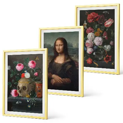 Komplet 3 slik v okvirju portret lobanje z rožami v slogu Mona Lize