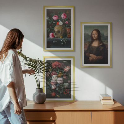 Set 3 slik v okvirju Portret lobanje z rožami Mona Liza