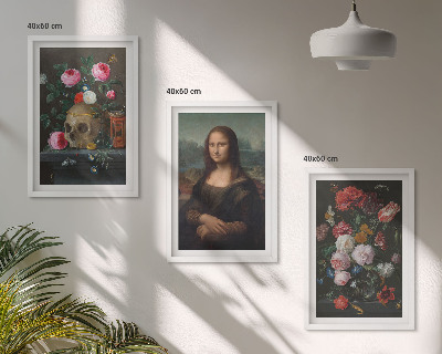 Set 3 slik v okvirju Portret lobanje z rožami Mona Liza