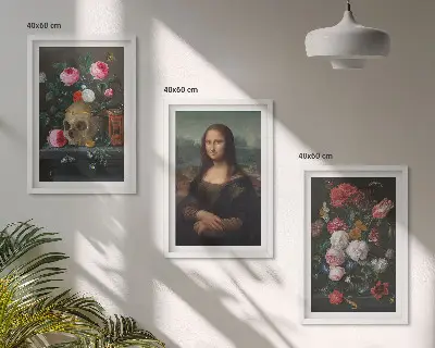 Komplet 3 slik v okvirju portret lobanje z rožami v slogu Mona Lize