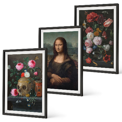 Set 3 slik v okvirju Portret lobanje z rožami Mona Liza