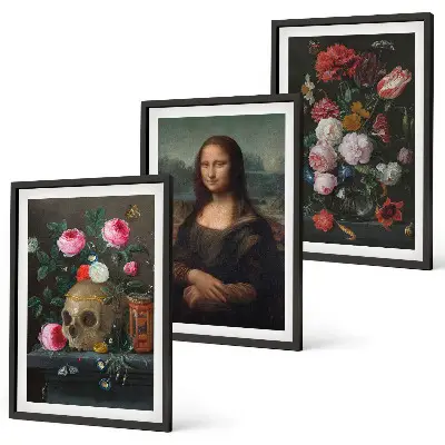 Komplet 3 slik v okvirju portret lobanje z rožami v slogu Mona Lize