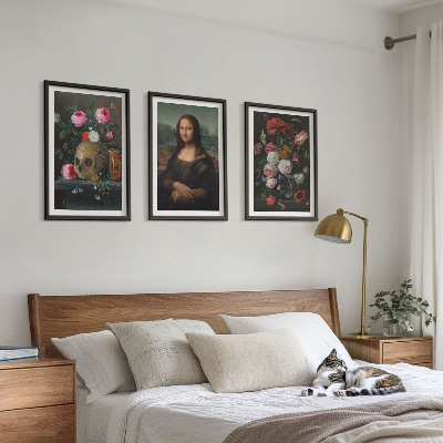 Set 3 slik v okvirju Portret lobanje z rožami Mona Liza
