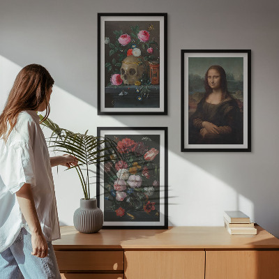 Set 3 slik v okvirju Portret lobanje z rožami Mona Liza