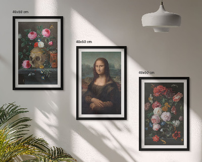 Set 3 slik v okvirju Portret lobanje z rožami Mona Liza