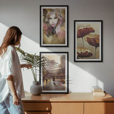 Večdelna slika v okvirju Abstraktni portret ženske s cvetjem in dežjem