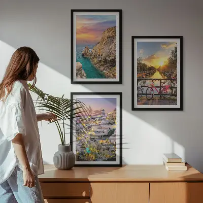 Sončni zahod ob morju večdelna slika v okvirju