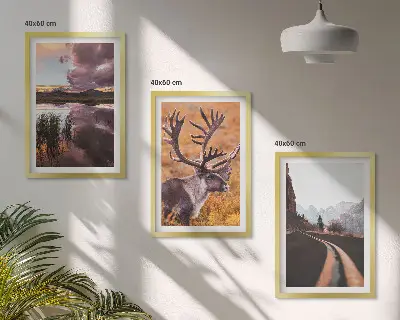 Gorske pokrajine z jeleni komplet 3 slik v okvirju