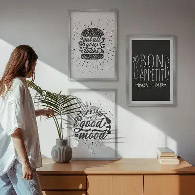 Grafični slogani za hrano in kulinariko triptih v okvirju