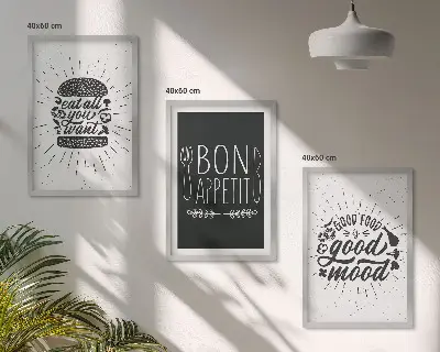 Grafični slogani za hrano in kulinariko triptih v okvirju