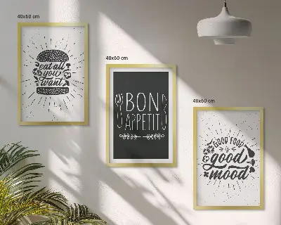 Grafični slogani za hrano in kulinariko triptih v okvirju