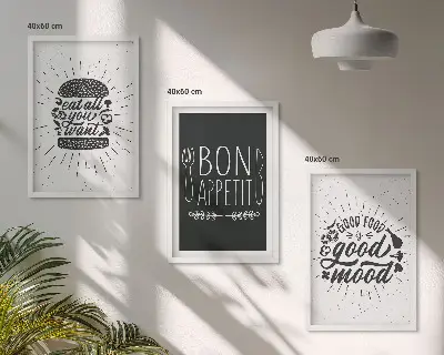 Grafični slogani za hrano in kulinariko triptih v okvirju