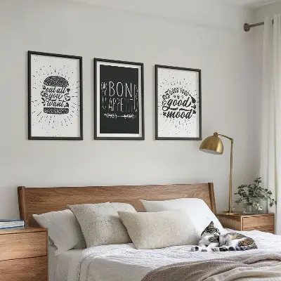 Grafični slogani za hrano in kulinariko triptih v okvirju