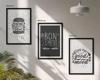 Grafični slogani za hrano in kulinariko triptih v okvirju