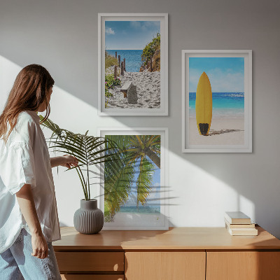 Set 3 slik v okvirju Počitniške plaže valovi palme