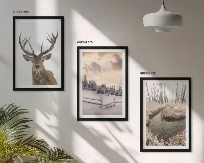 Zimska pokrajina jelenje koče triptih v okvirju