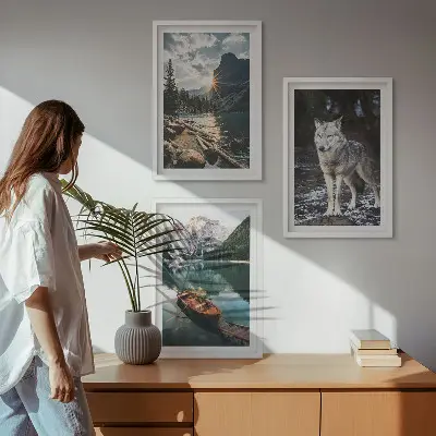 Komplet 3 slik v okvirju motiv gora, jezera, volka in narave