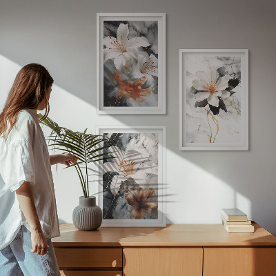 Set 3 slik v okvirju Rože marmorno bele črne