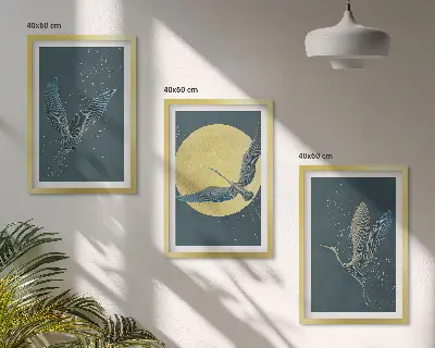 Žerjavi v nočnem letu komplet 3 slik v okvirju