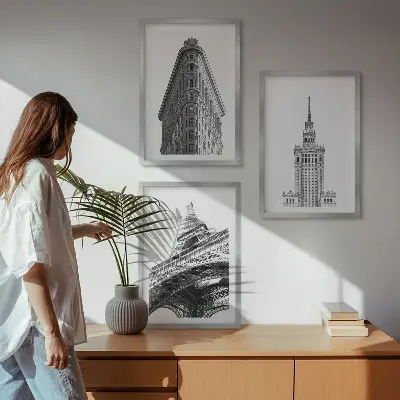 Arhitekturne črno-bele stavbe triptih v okvirju