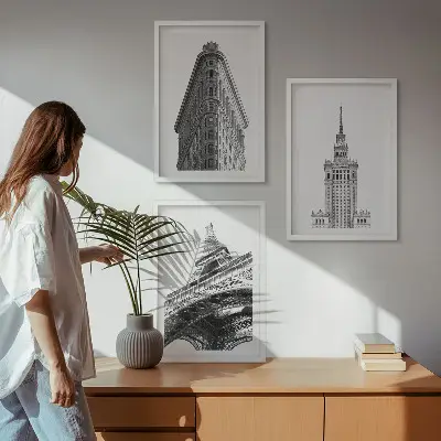 Arhitekturne črno-bele stavbe triptih v okvirju