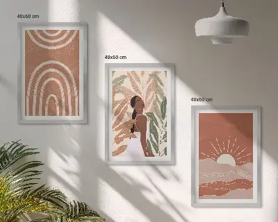 Boho abstraktne oblike komplet 3 slik v okvirju