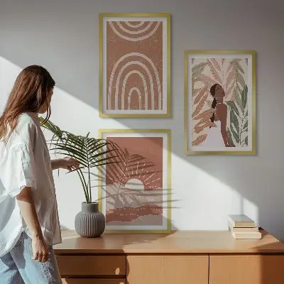 Boho abstraktne oblike komplet 3 slik v okvirju