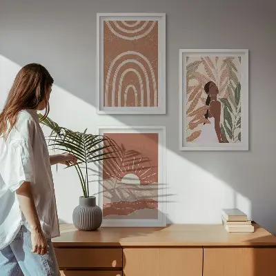 Boho abstraktne oblike komplet 3 slik v okvirju