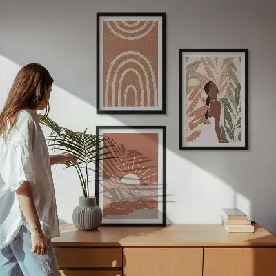 Boho abstraktne oblike komplet 3 slik v okvirju