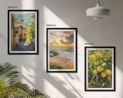 Večdelna slika v okvirju z motivom ulic, morja, plaže in citrusov