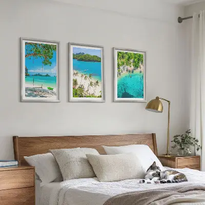 Komplet 3 slik v okvirju motiv plaže, palme in čista voda