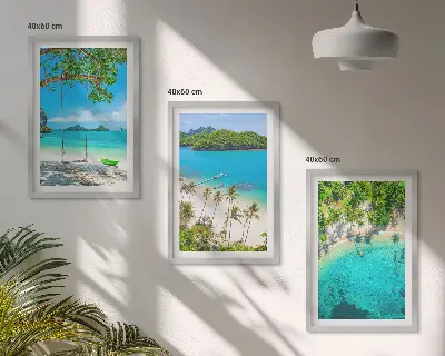 Komplet 3 slik v okvirju motiv plaže, palme in čista voda