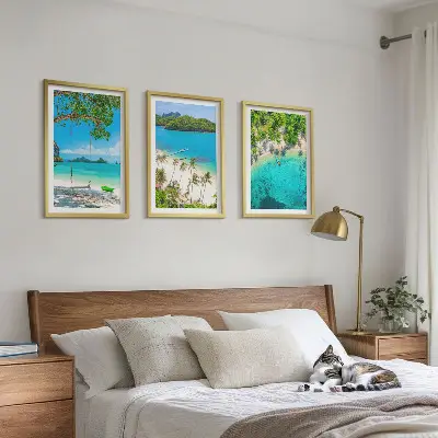 Komplet 3 slik v okvirju motiv plaže, palme in čista voda
