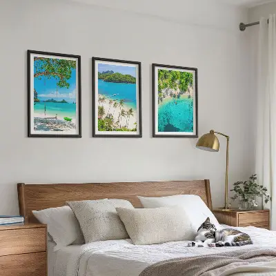 Komplet 3 slik v okvirju motiv plaže, palme in čista voda