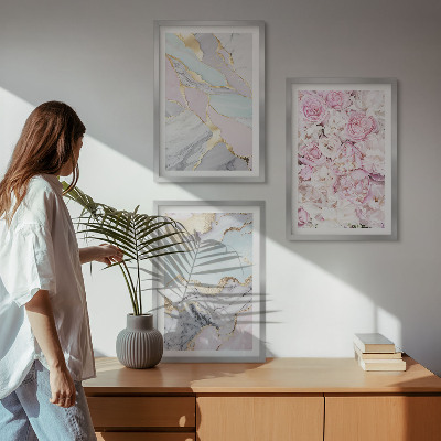 Večdelna slika v okvirju Rožnate rože marmorni pastel