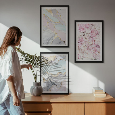 Večdelna slika v okvirju Rožnate rože marmorni pastel
