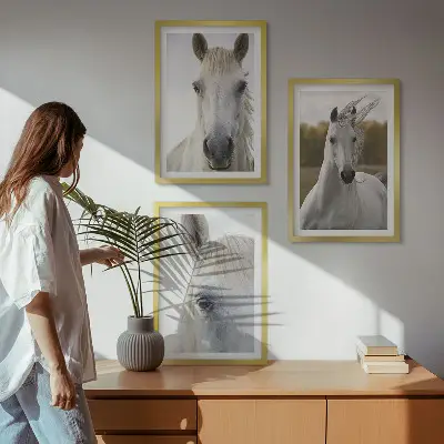 Komplet 3 slik v okvirju z motivom belih konjev v naravi
