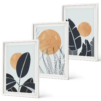 Set 3 slik v okvirju rastlinski vzorci z minimalističnim motivom sonca