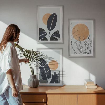 Set 3 slik v okvirju Rastlinski vzorci velika sonca minimalistični