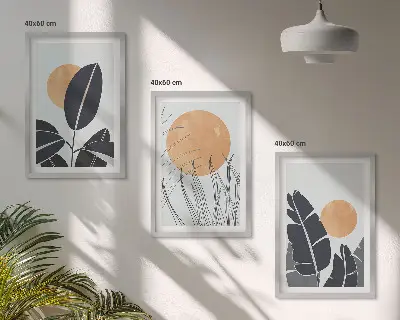 Set 3 slik v okvirju rastlinski vzorci z minimalističnim motivom sonca
