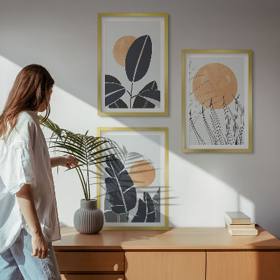 Set 3 slik v okvirju Rastlinski vzorci velika sonca minimalistični