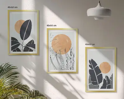 Set 3 slik v okvirju rastlinski vzorci z minimalističnim motivom sonca