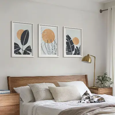 Set 3 slik v okvirju rastlinski vzorci z minimalističnim motivom sonca