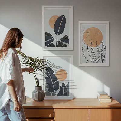Set 3 slik v okvirju Rastlinski vzorci velika sonca minimalistični